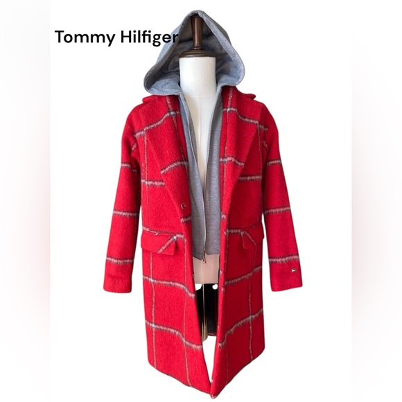 Tommy Hilfiger plaid double-layered hooded overcoat SZ XS - Picture 1 of 11